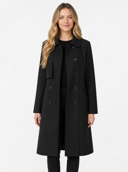 Women's Black mid-length wool trench coat, front view