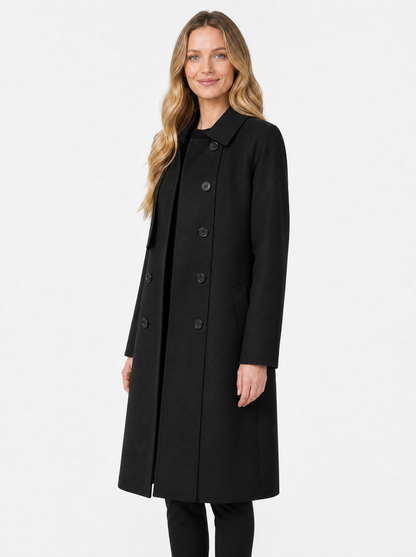 Women's Black mid-length wool trench coat, side view