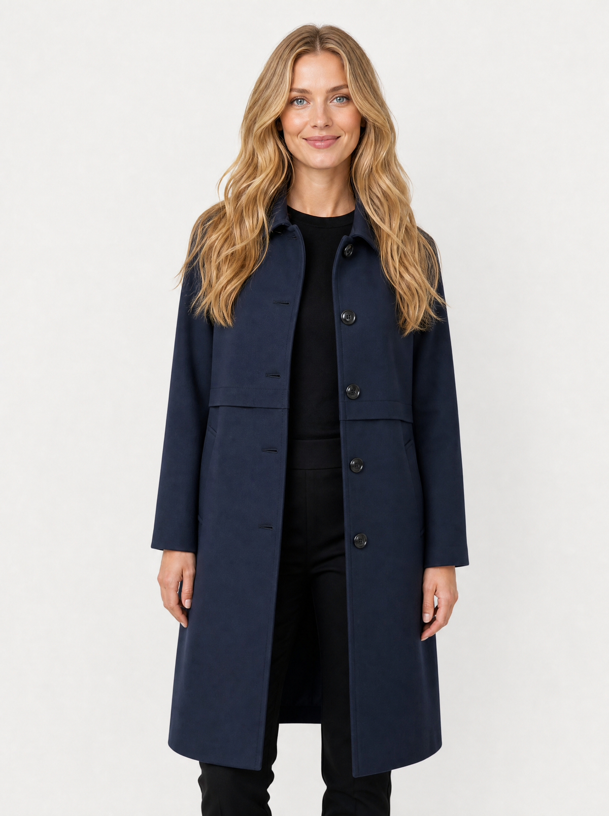Women's Navy Blue mid-length wool trench coat, front view