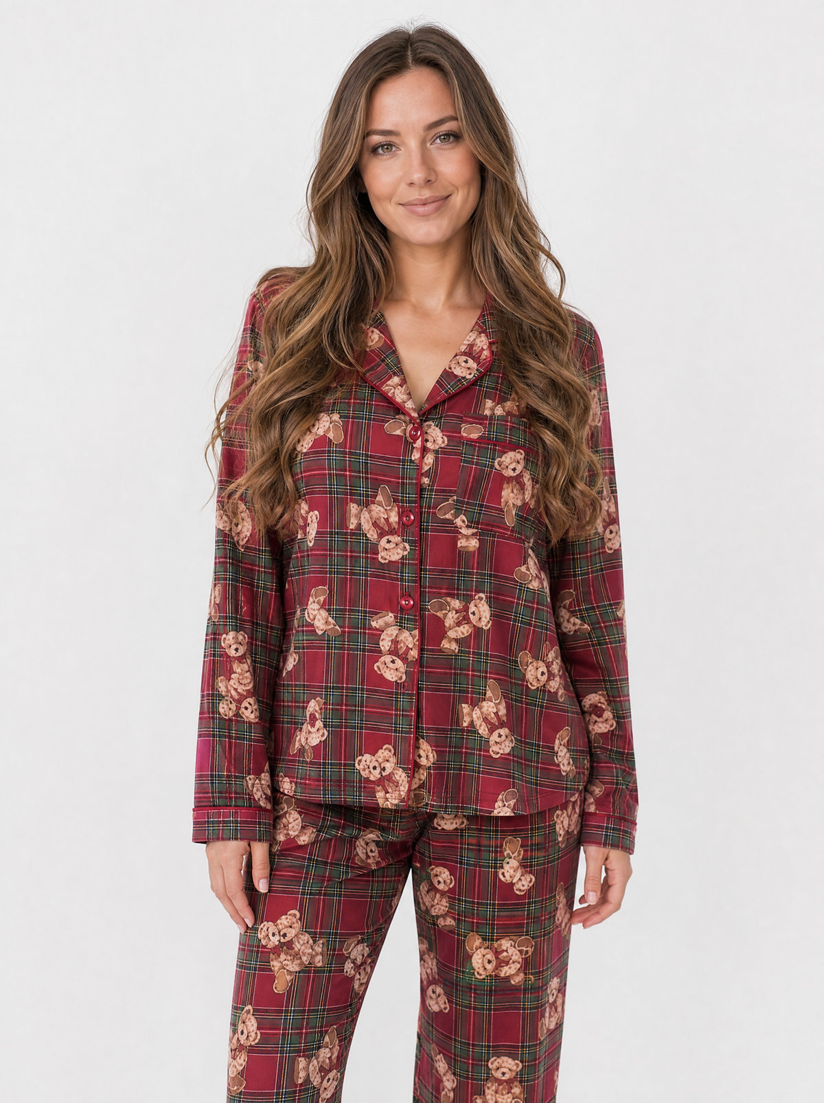 Women's bear plaid christmas pyjama set, front view