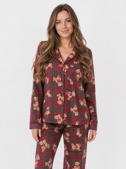 Women's bear plaid christmas pyjama set, front view