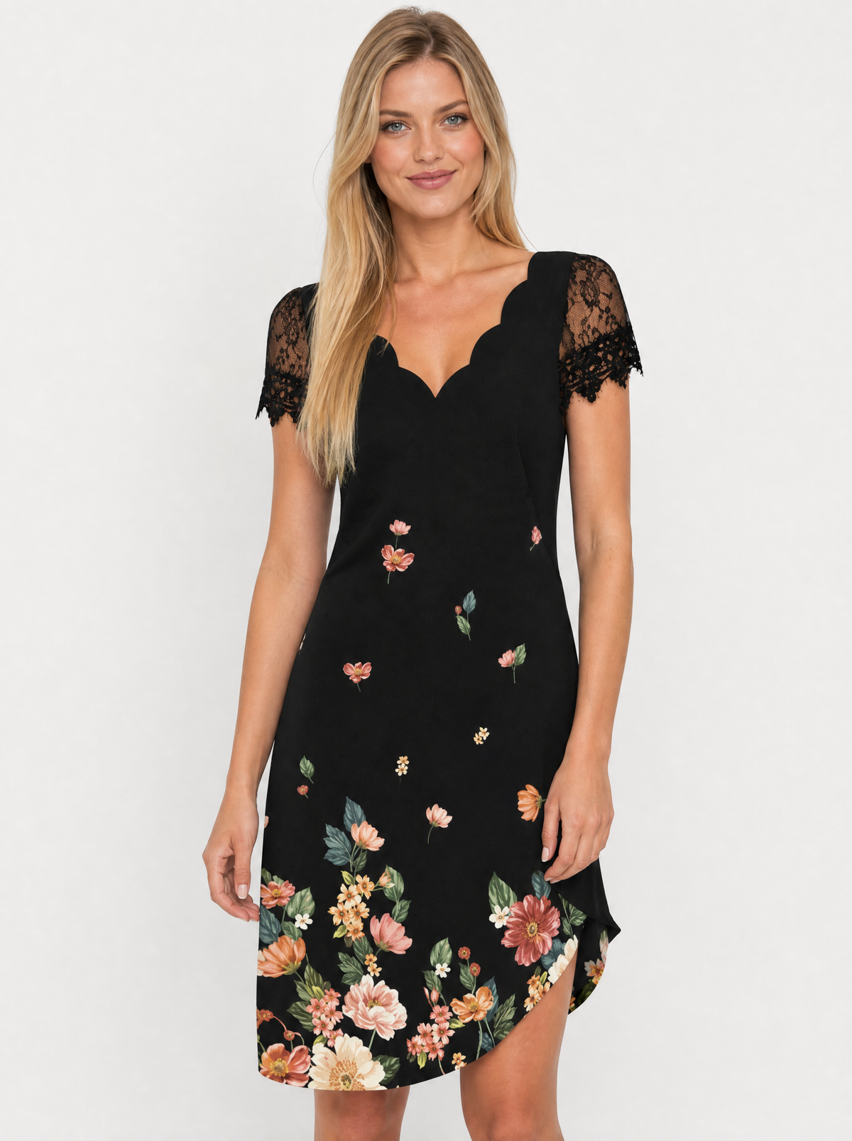 Women's Black Floral lace sleeve christmas party dress, front view