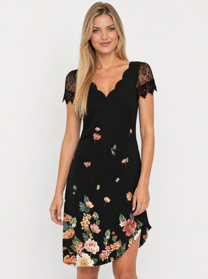 Women's Black Floral lace sleeve christmas party dress, front view