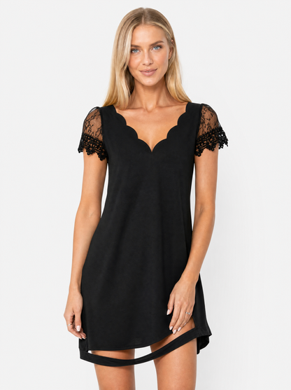 Women's Black lace sleeve christmas party dress, front view