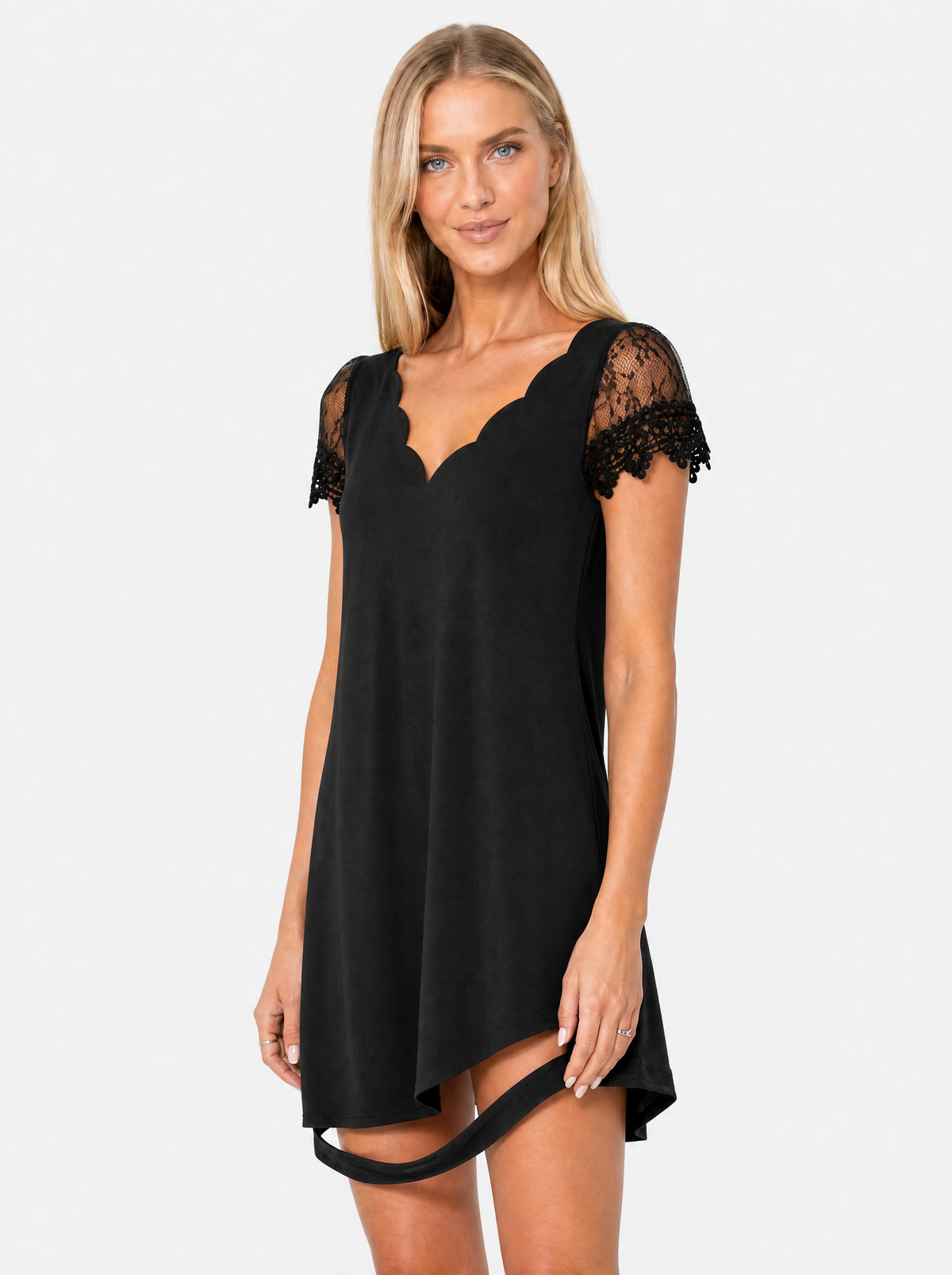 Women's Black lace sleeve christmas party dress, side view