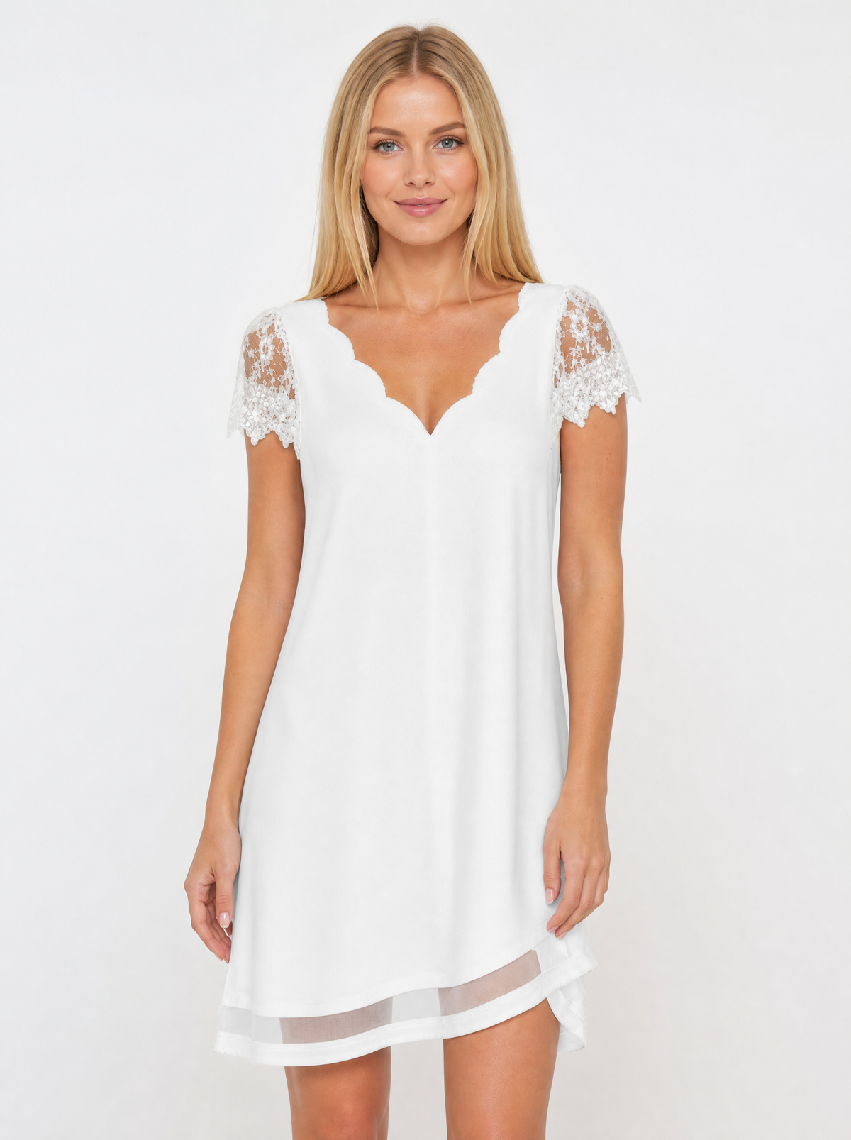 Women's White lace sleeve christmas party dress, front view
