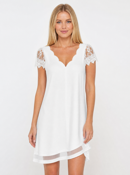 Women's White lace sleeve christmas party dress, front view
