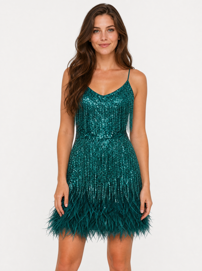 Women's Dark Turquoise sequin christmas party dress, front view