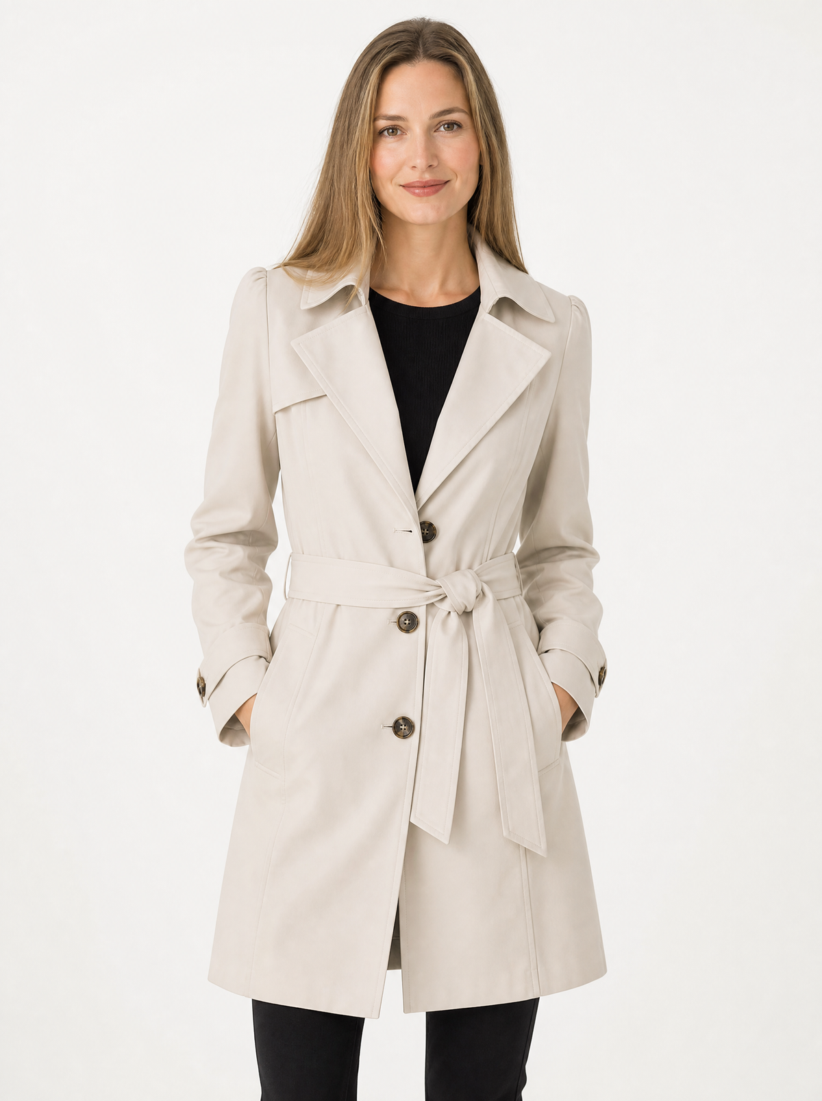 Women's Beige single breasted trench coat, front view