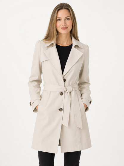 Women's Beige single breasted trench coat, front view