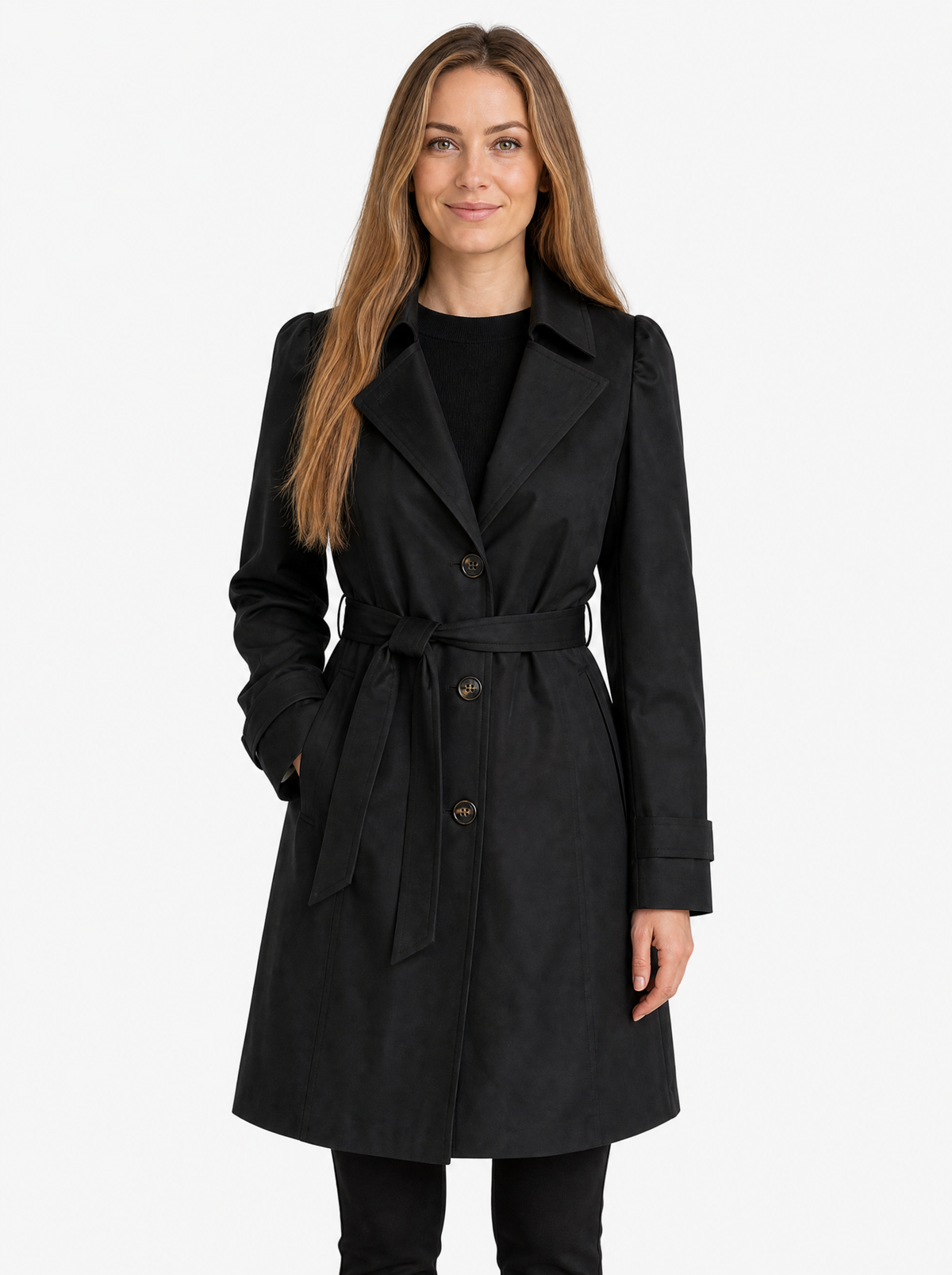 Women's Black single breasted trench coat, front view