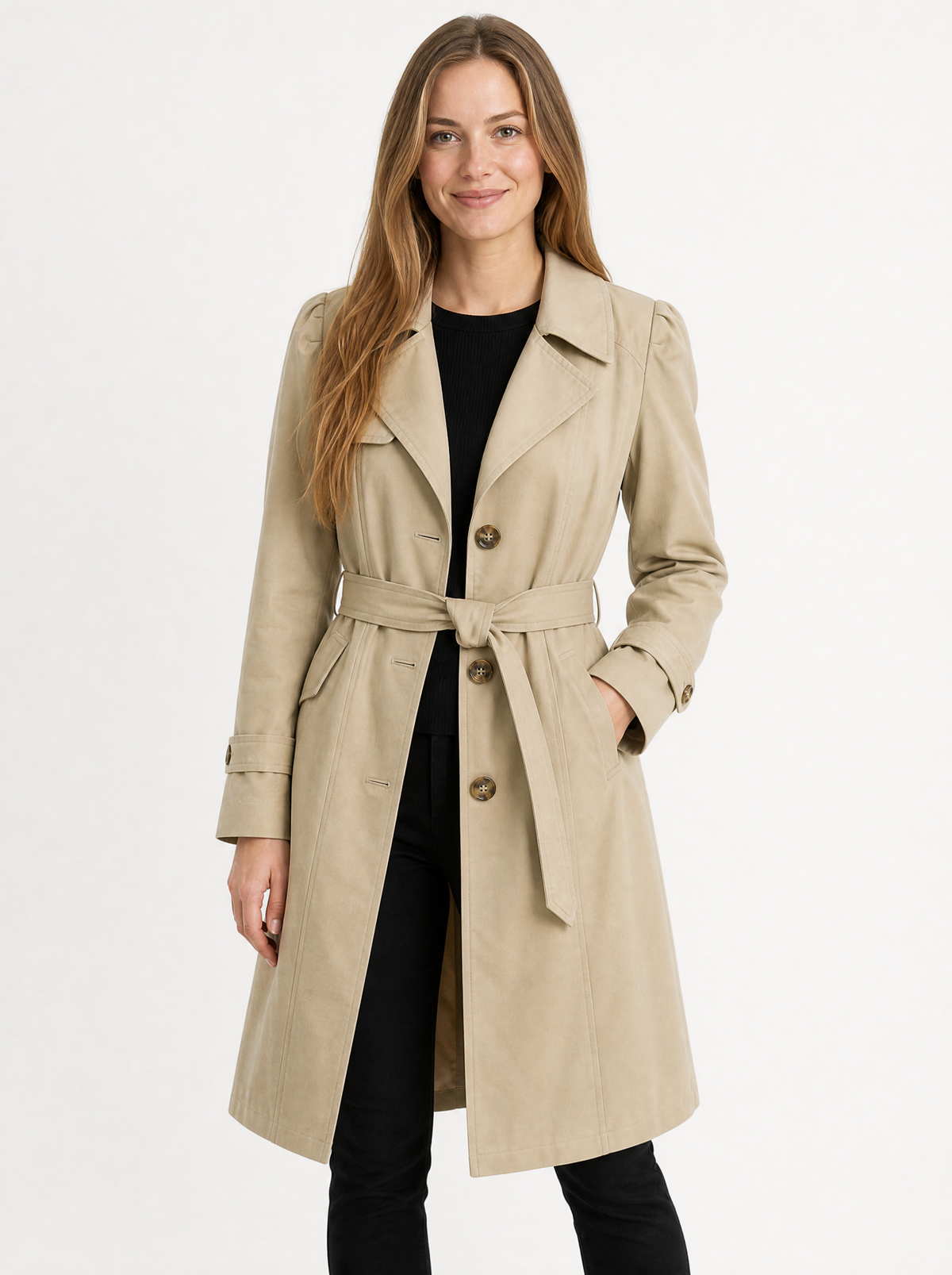 Women's Khaki single breasted trench coat, front view