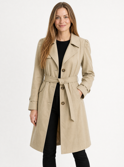 Women's Khaki single breasted trench coat, front view