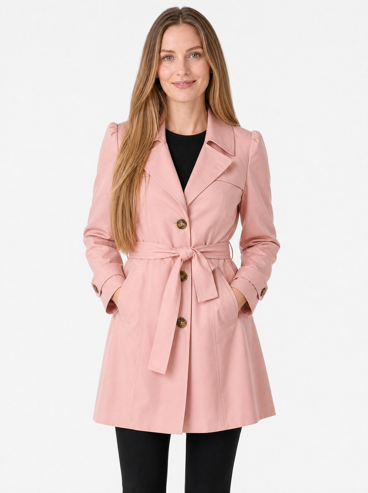 Women's Pink single breasted trench coat, front view