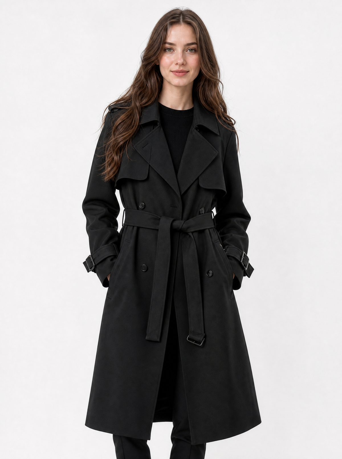 Women's Black oversized double breasted trench coat, front view