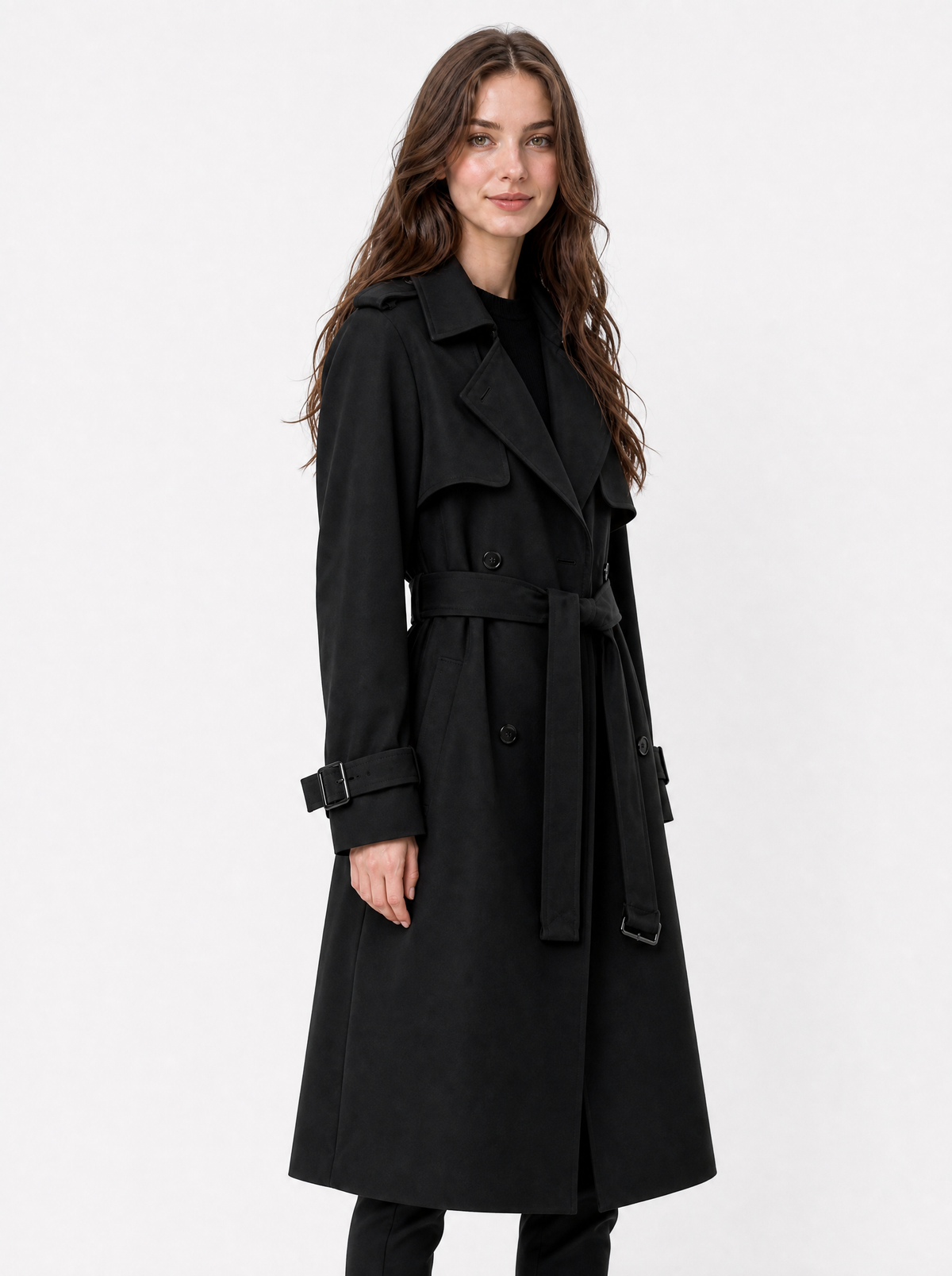 Women's Black oversized double breasted trench coat, side view