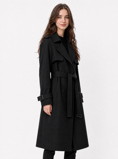 Women's Black oversized double breasted trench coat, side view
