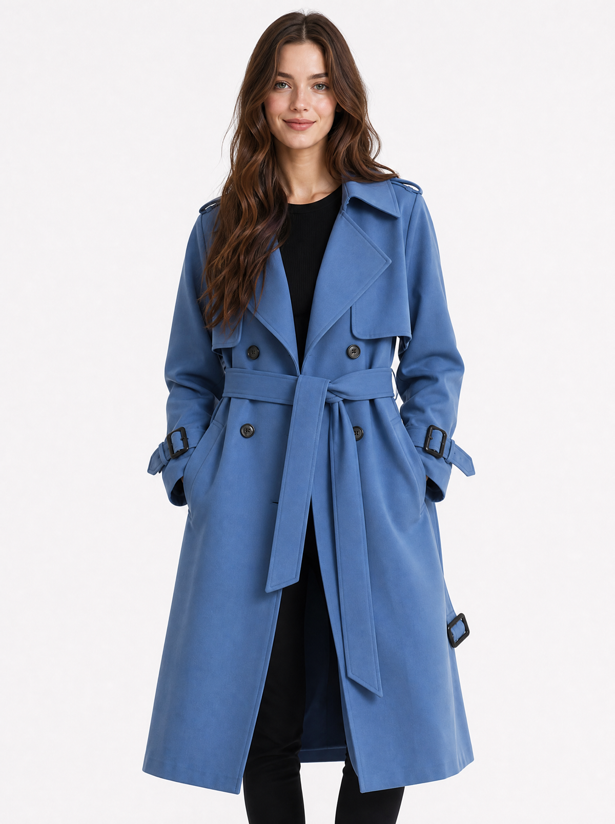Women's Blue oversized double breasted trench coat, front view