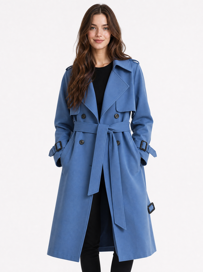 Women's Blue oversized double breasted trench coat, front view