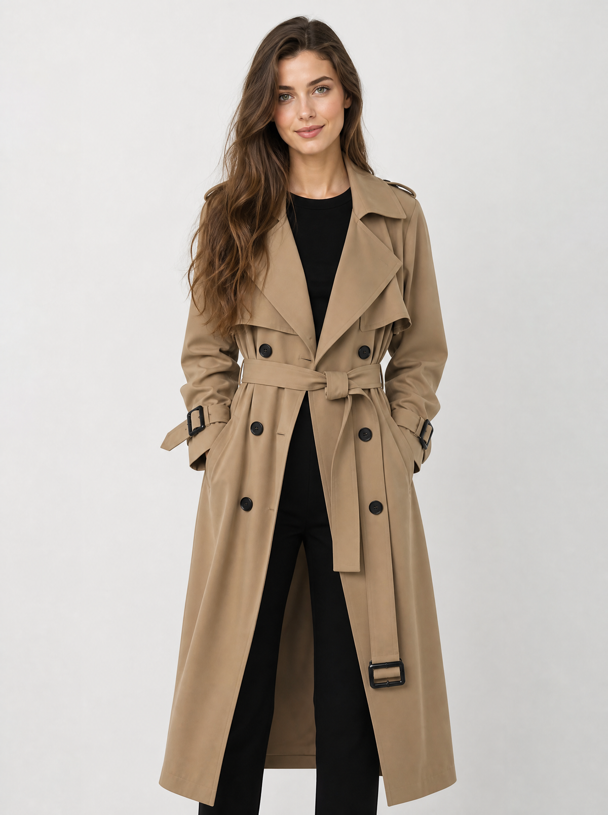Women's Brown oversized double breasted trench coat, front view