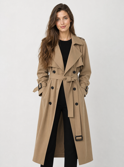 Women's Brown oversized double breasted trench coat, front view