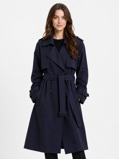 Women's Dark Blue oversized double breasted trench coat, front view