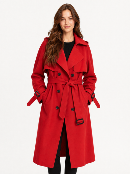 Women's Red oversized double breasted trench coat, front view