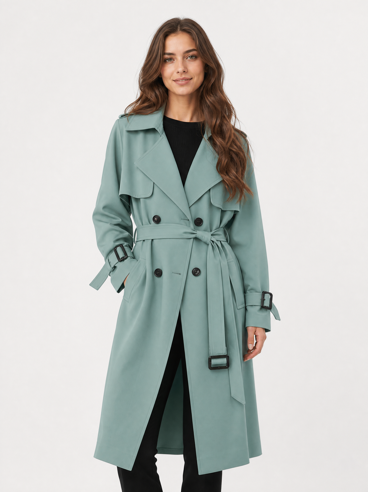 Women's Sage Green oversized double breasted trench coat, front view