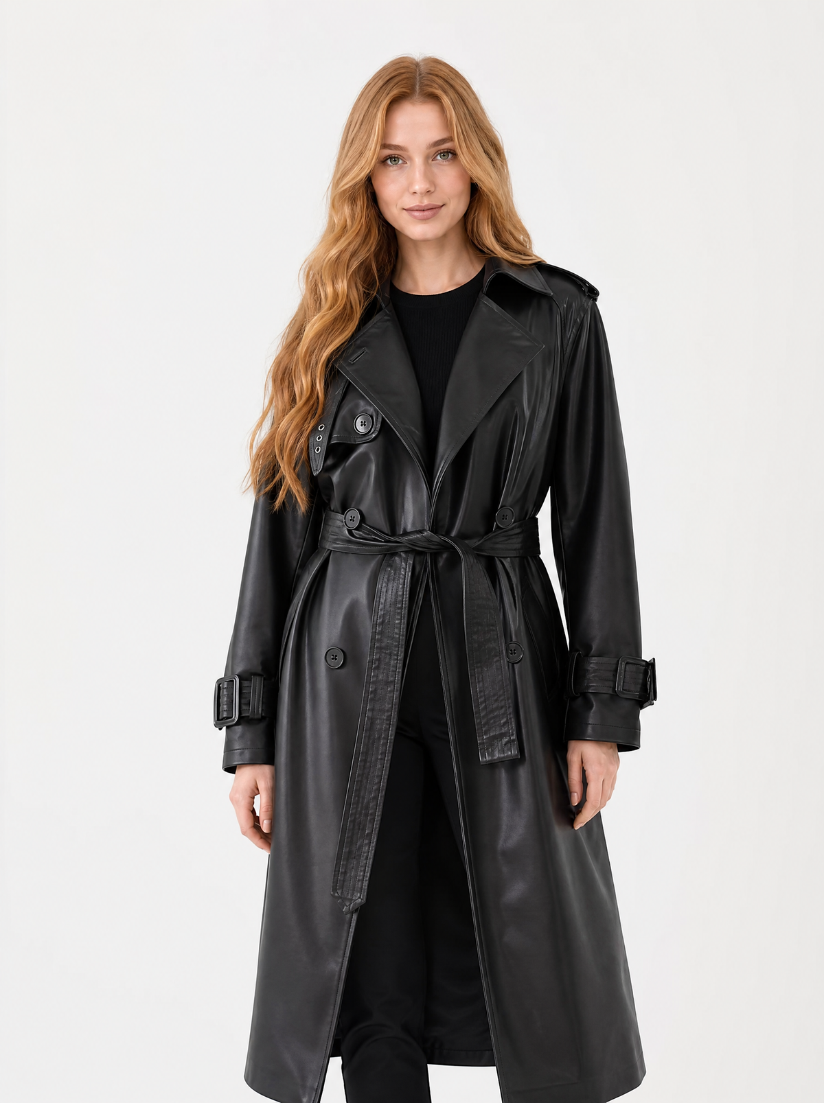 Women's Black long faux leather trench coat, front view