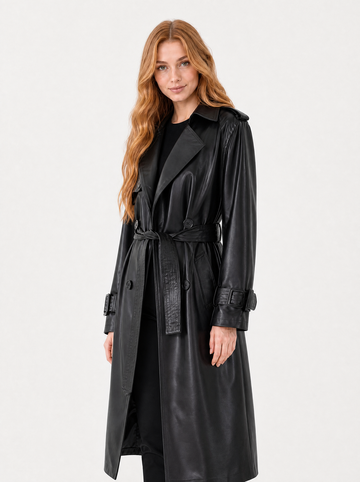 Women's Black long faux leather trench coat, side view
