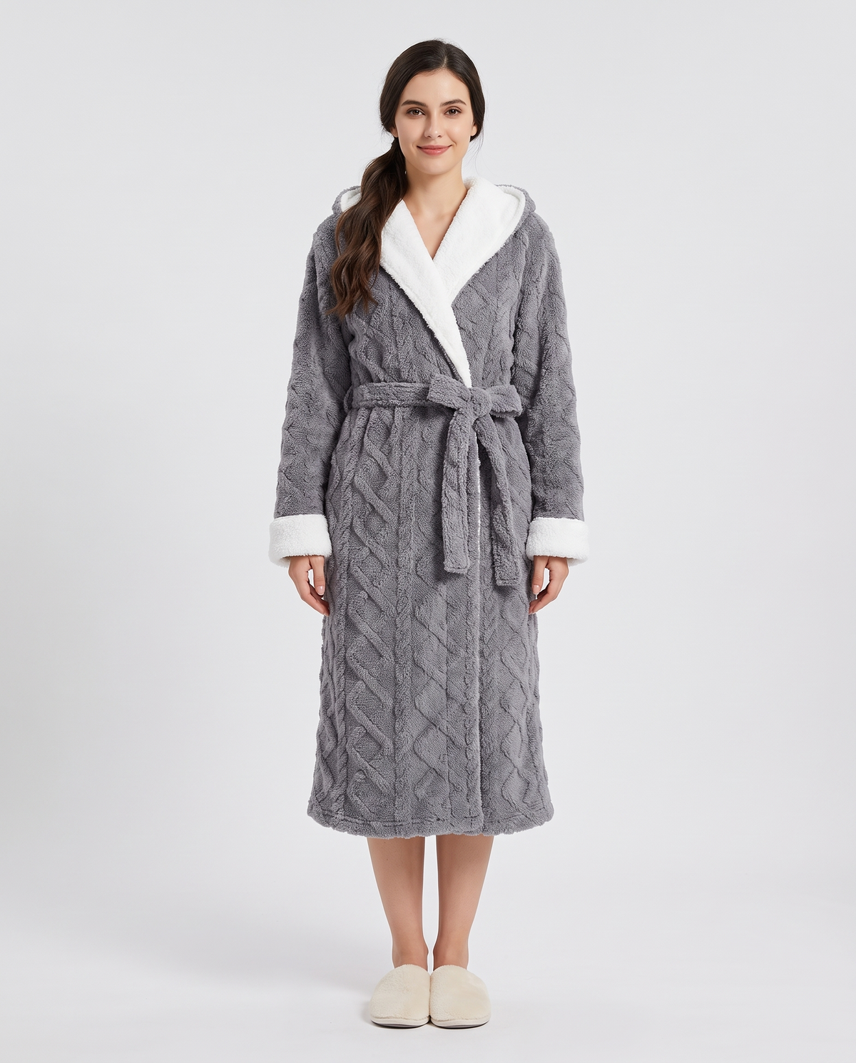 Women's Fleece Dressing Gown in Gray, front view