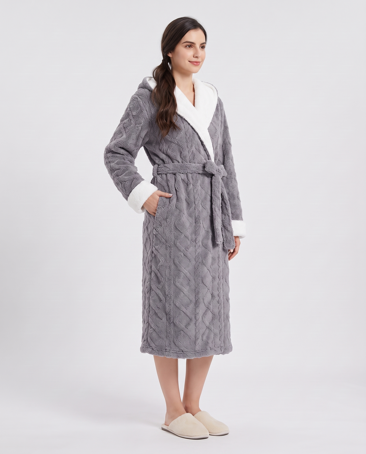 Women's Fleece Dressing Gown in Gray, three-quarter view