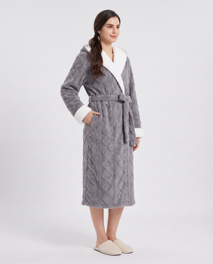 Women's Fleece Dressing Gown in Gray, three-quarter view