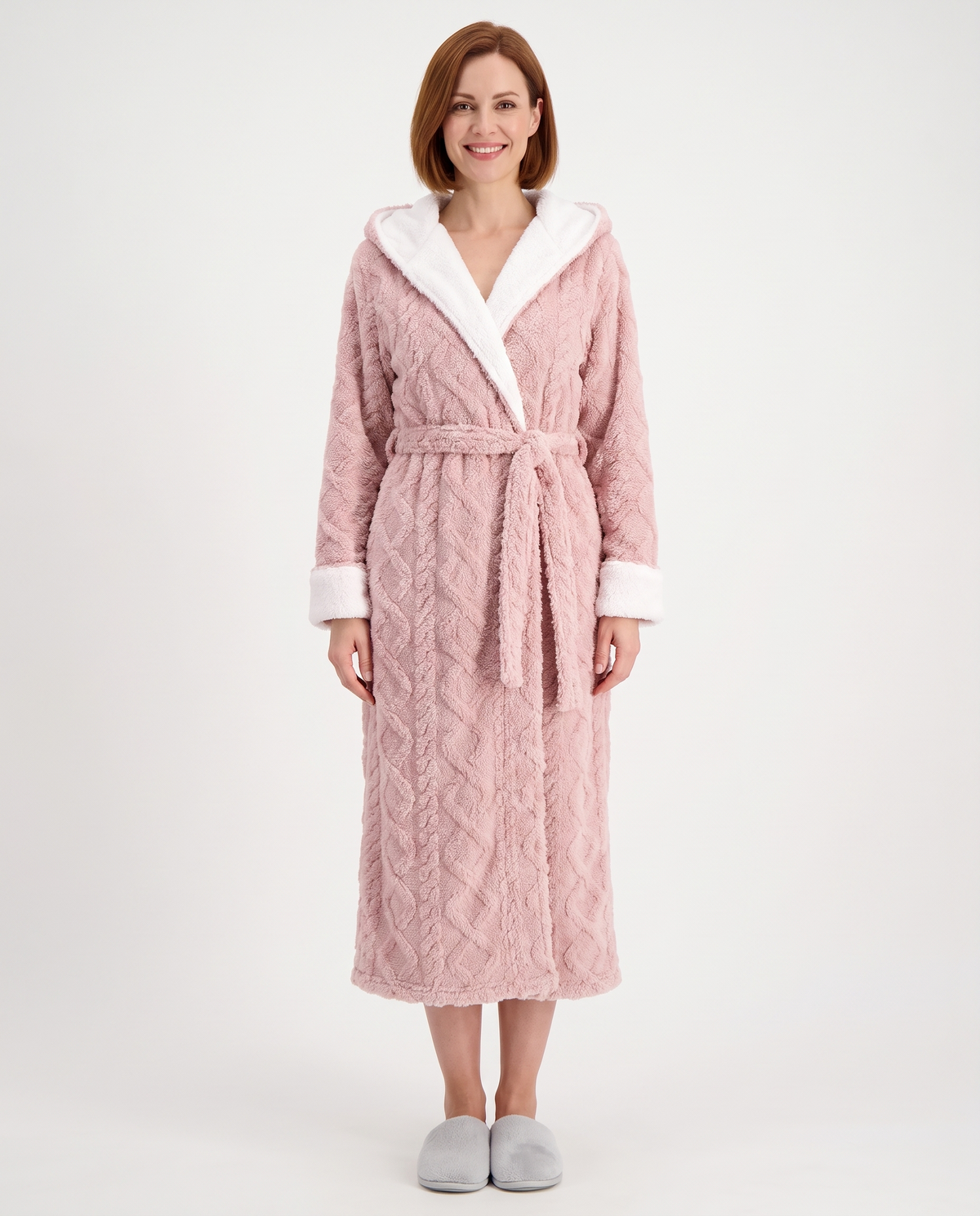 Women's Fleece Dressing Gown in Pink, front view