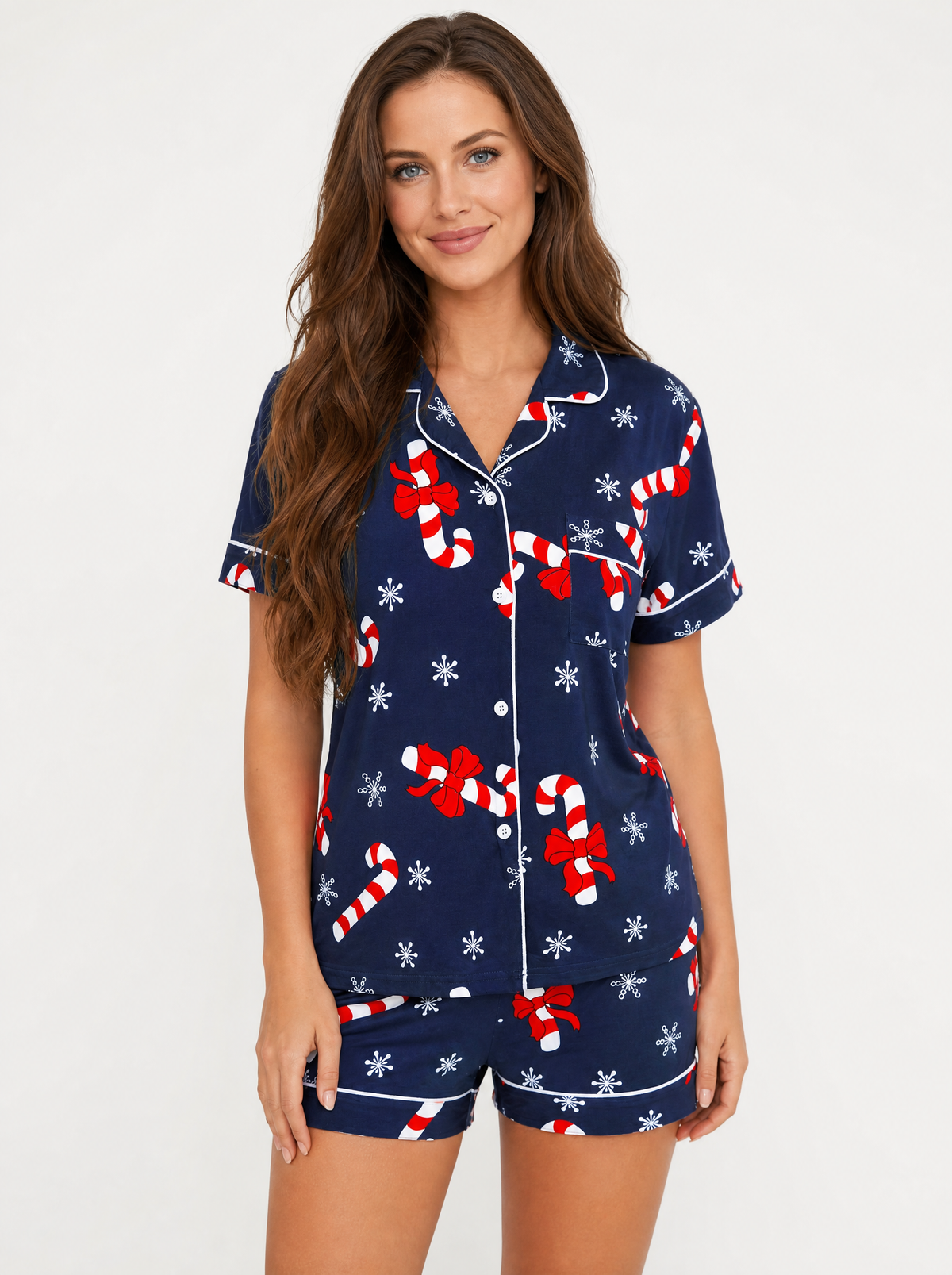 Women's Blue candy cane short sleeve pyjama set, front view