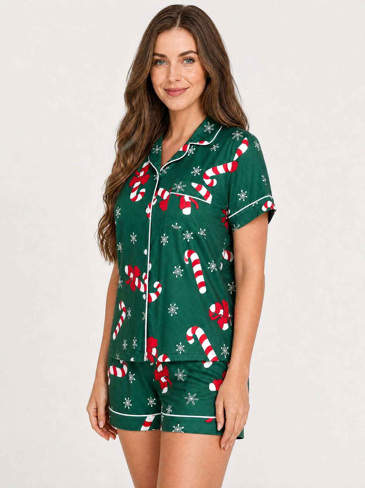 Women's Green candy cane short sleeve pyjama set, side view