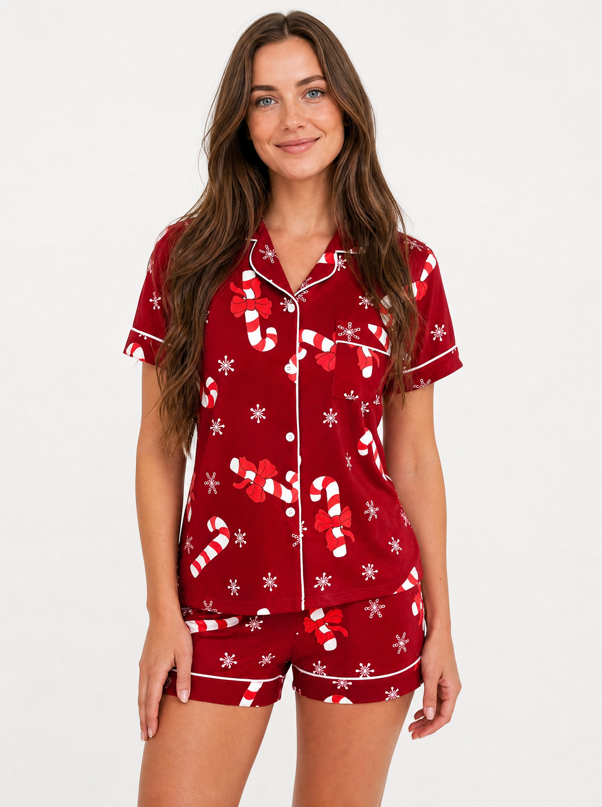 Women's Red candy cane short sleeve pyjama set, front view