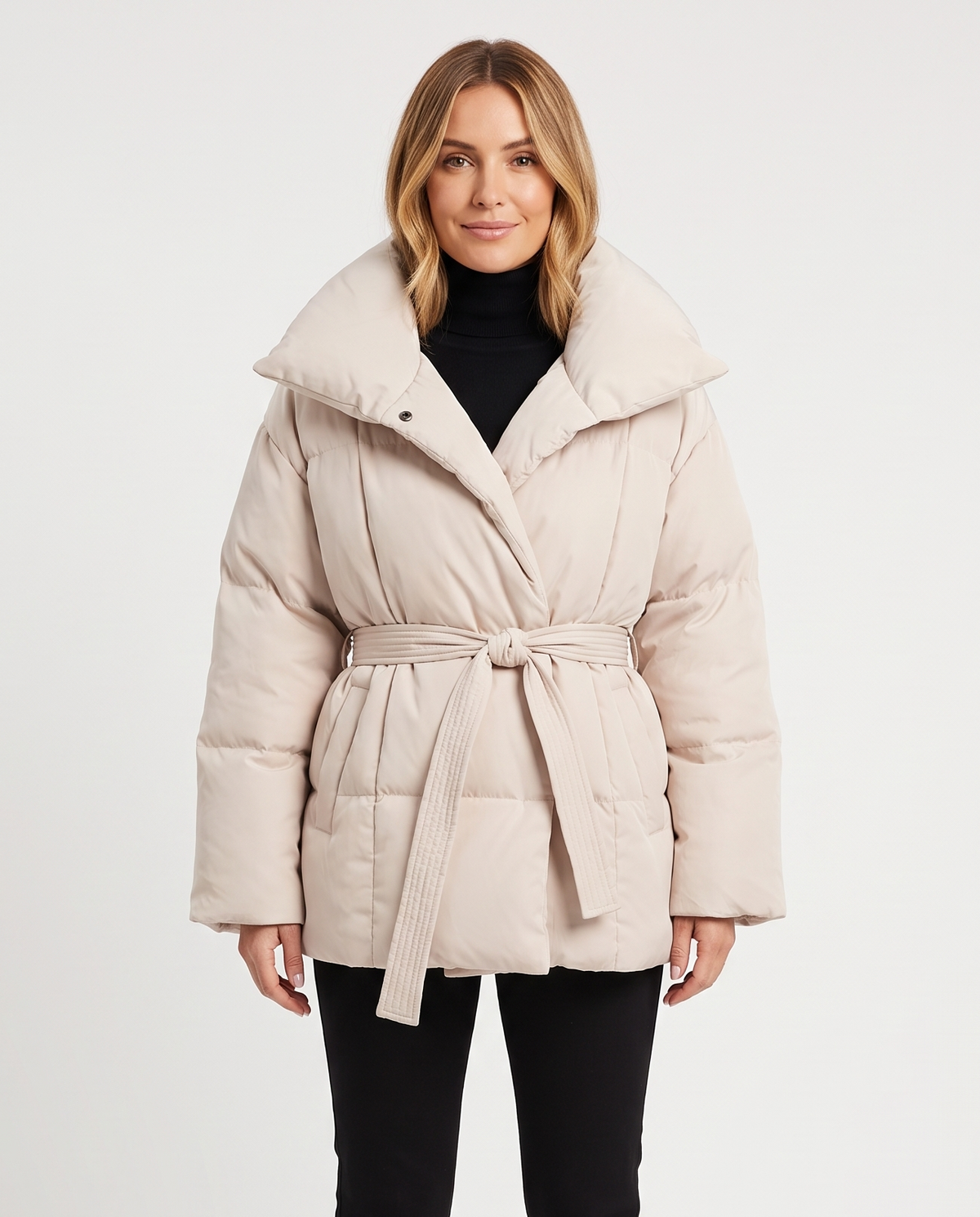 Women's Belted Puffer Jacket in Beige – front view