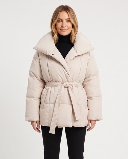 Women's Belted Puffer Jacket in Beige – front view
