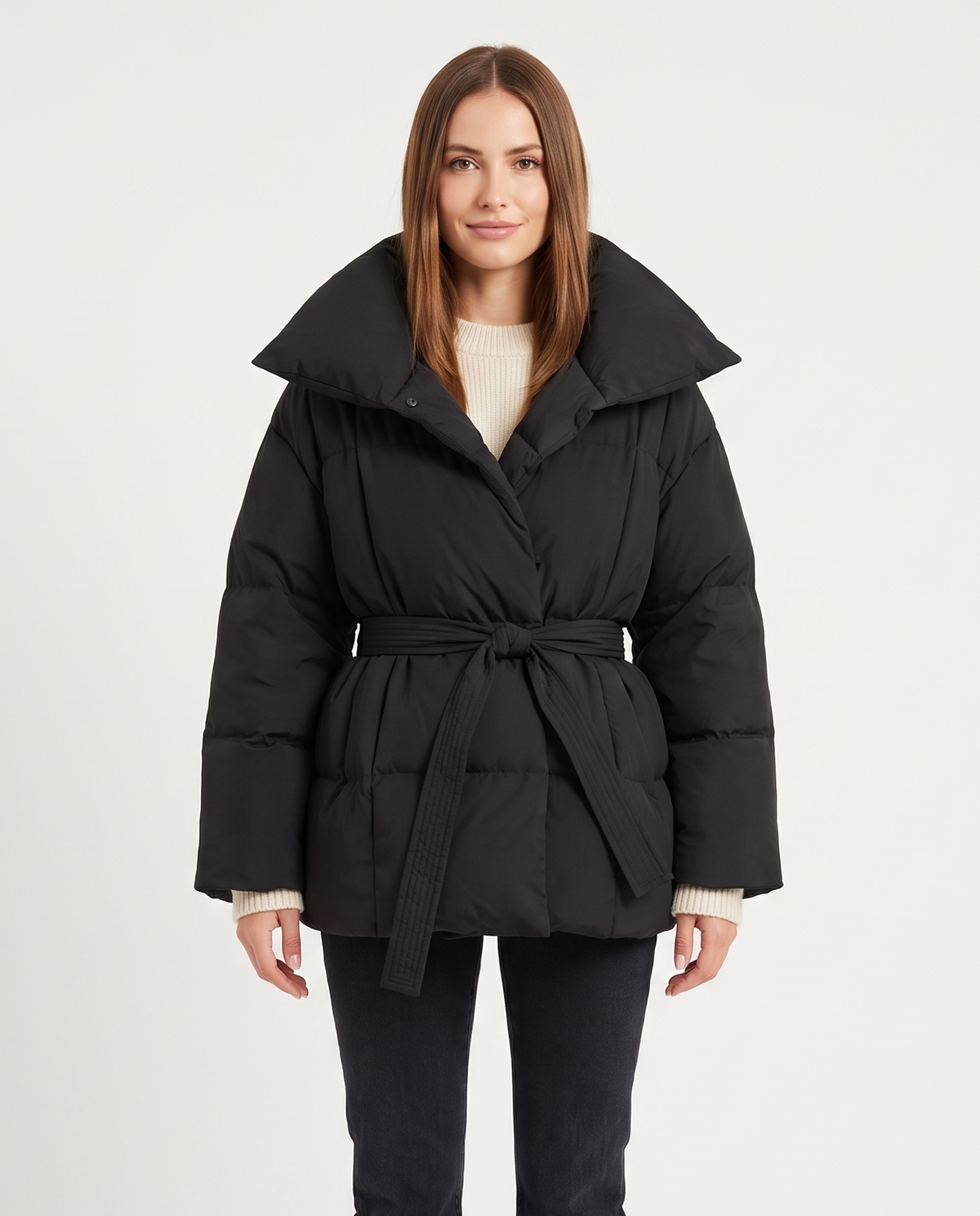 Women's Belted Puffer Jacket in Black – front view