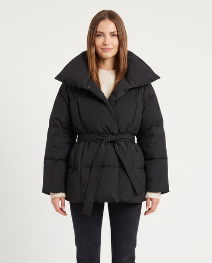 Women's Belted Puffer Jacket in Black – front view