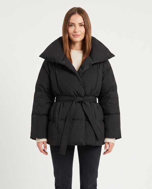 Women's Belted Puffer Jacket in Black – front view