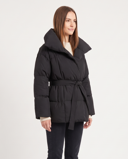 Women's Belted Puffer Jacket in Black – three-quarter view