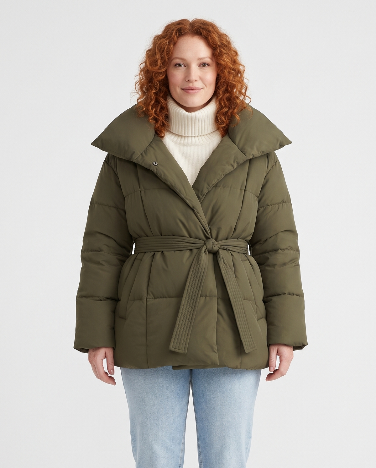 Women's Belted Puffer Jacket in Olive Green – front view