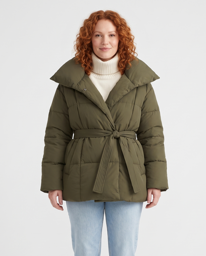 Women's Belted Puffer Jacket in Olive Green – front view