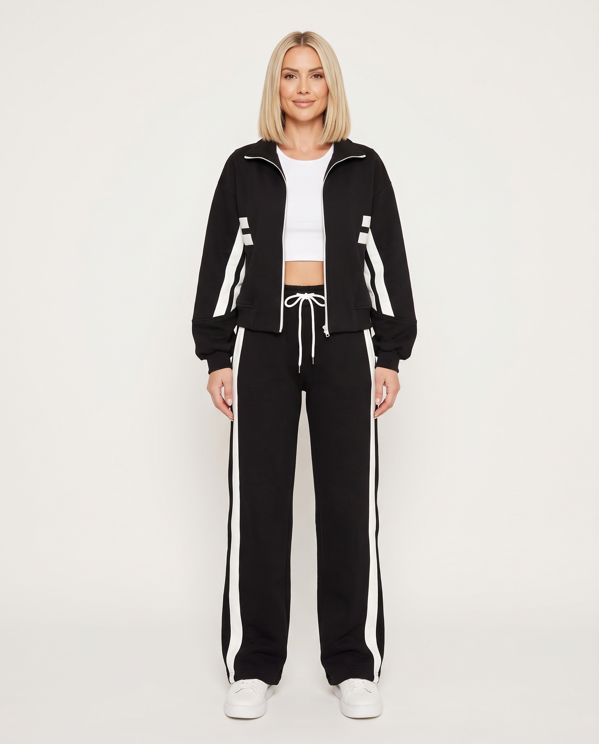 Women's Contrast Stripe Zip Up Lounge Tracksuit Set in Black – front view