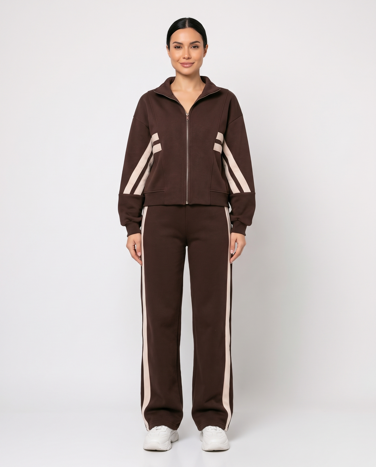 Women's Contrast Stripe Zip Up Lounge Tracksuit Set in Dark Brown – front view