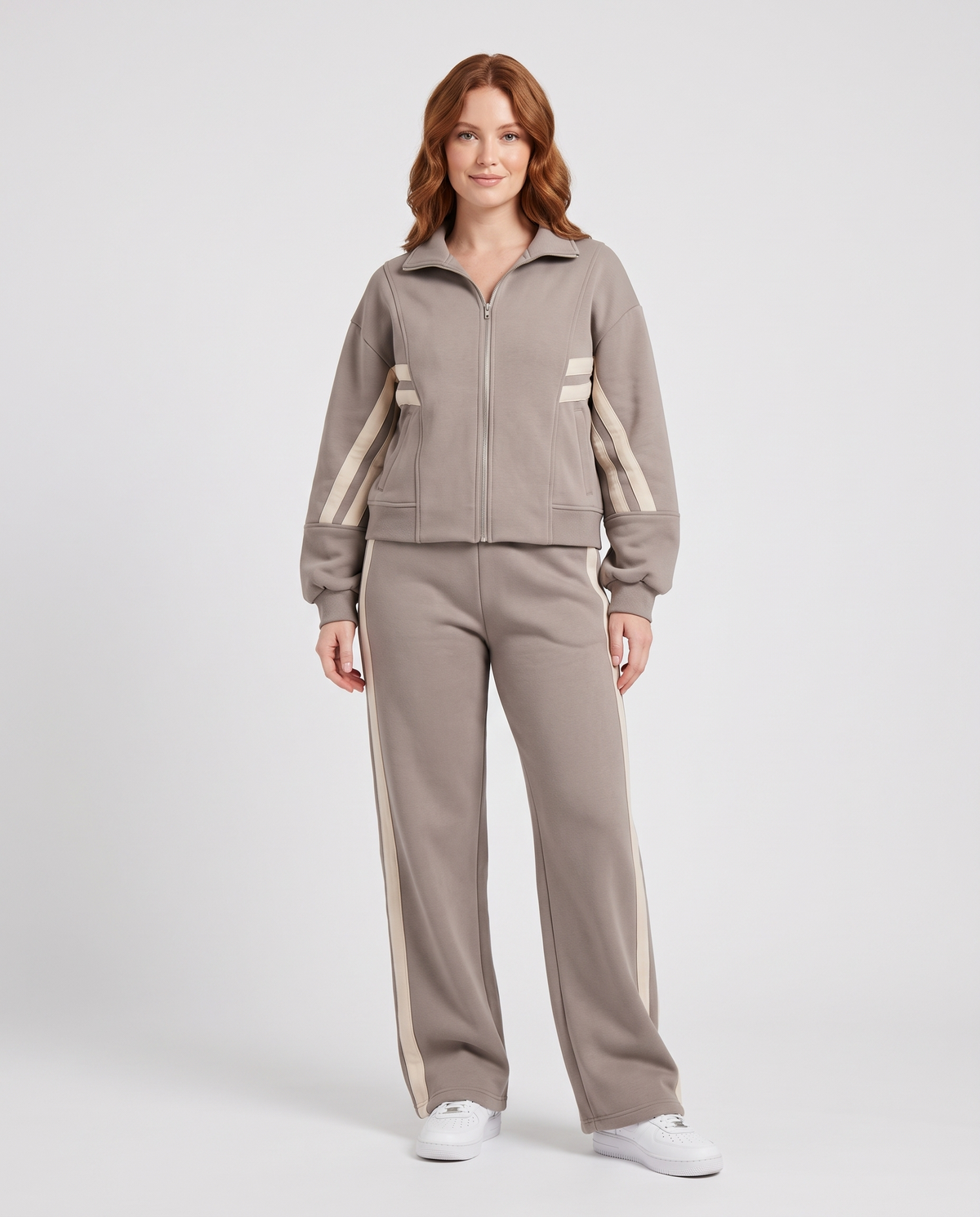 Women's Contrast Stripe Zip Up Lounge Tracksuit Set in Taupe – front view
