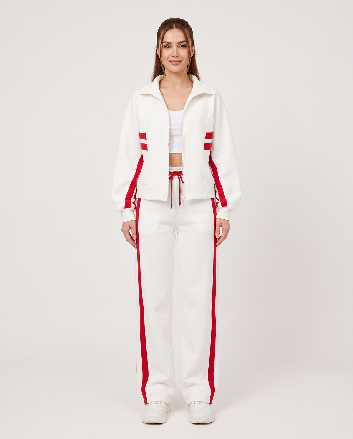 Women's Contrast Stripe Zip Up Lounge Tracksuit Set in White – front view