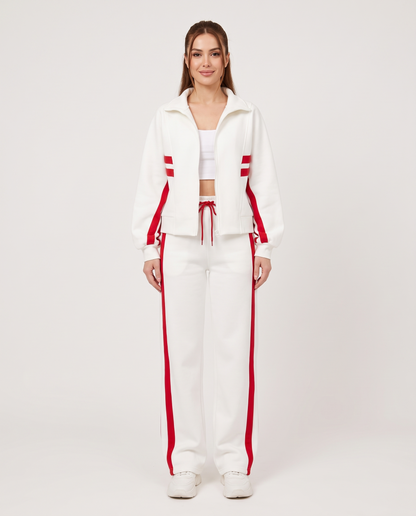 Women's Contrast Stripe Zip Up Lounge Tracksuit Set in White – front view